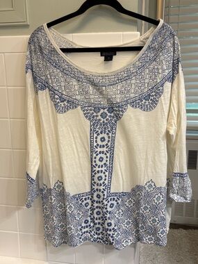 Lucky Brand White Tunic with Blue Geometric Print